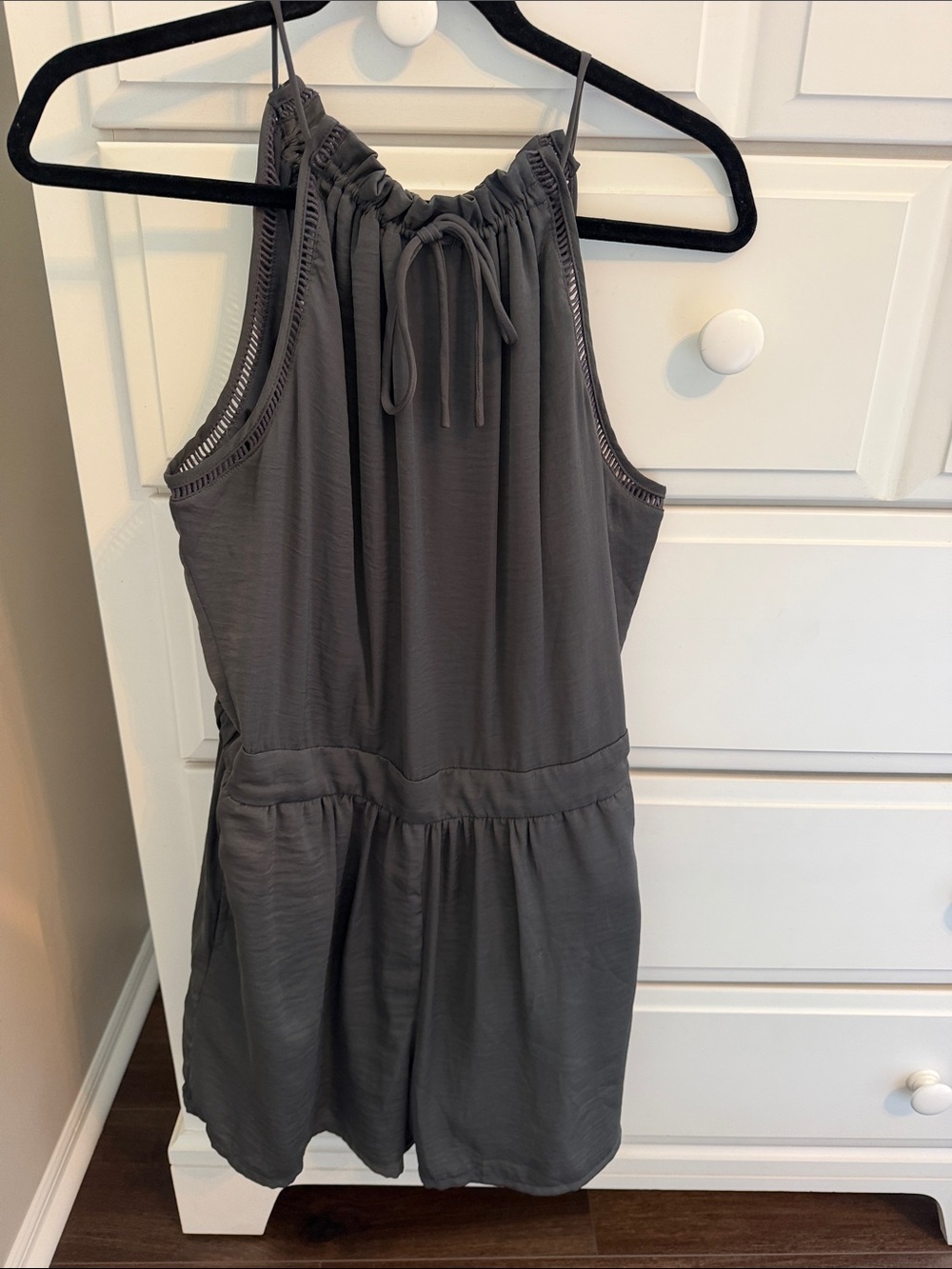 New York & Company Charcoal Sleeveless Romper with Velvet Strap